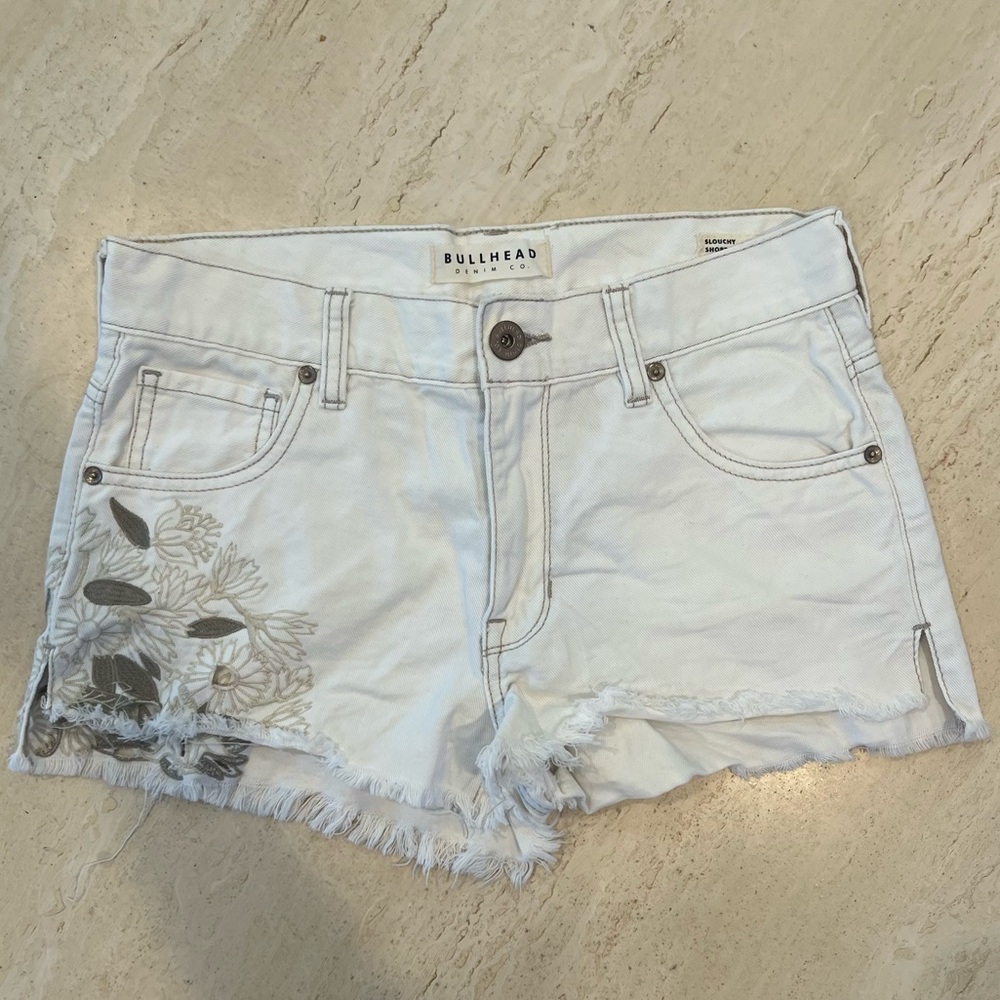 BULLHEAD Denim Co. Slouch Shorts with Floral Embroidery and frayed hem